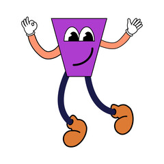 Cartoon Groovy funny cartoon smile character, vintage. Funky comic bright emoticon geometric shape purple sticker