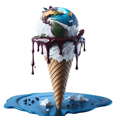 Melting planet earth on ice cream cone on transparent background. Generative AI