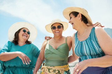 Happy, friends and senior women on a vacation, adventure or weekend trip together in paradise....