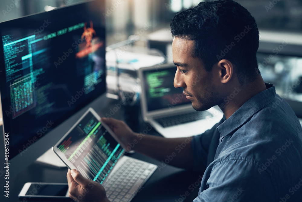 Poster Programming, employee and man with a tablet, cyber security and computer in a modern office. Male person, programmer and coder with technology, coding and digital software with internet connection