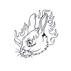 Hand drawn illustration of rabbit head with fire outline