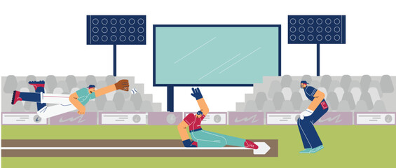 Sport stadium field with baseball players catching ball, vector illustration. - obrazy, fototapety, plakaty