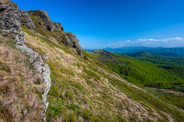 Spring landscape of the Bieszczady Mountains. A view of the Mount Kopa Bukowska.