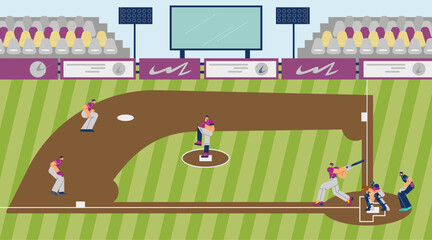 Baseball game on stadium scene flat style, vector illustration