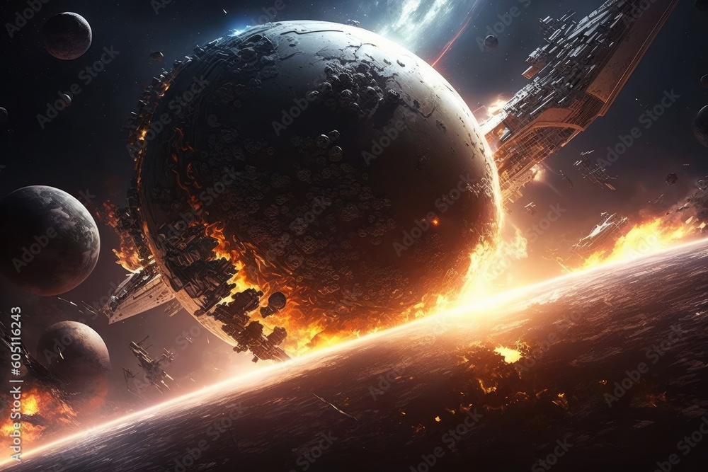 Poster space war human and alien in outer space for star colony. distinct generative ai image.