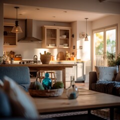 A blurred image of a farmhouse-style kitchen, a sense of depth and atmosphere. Generative AI