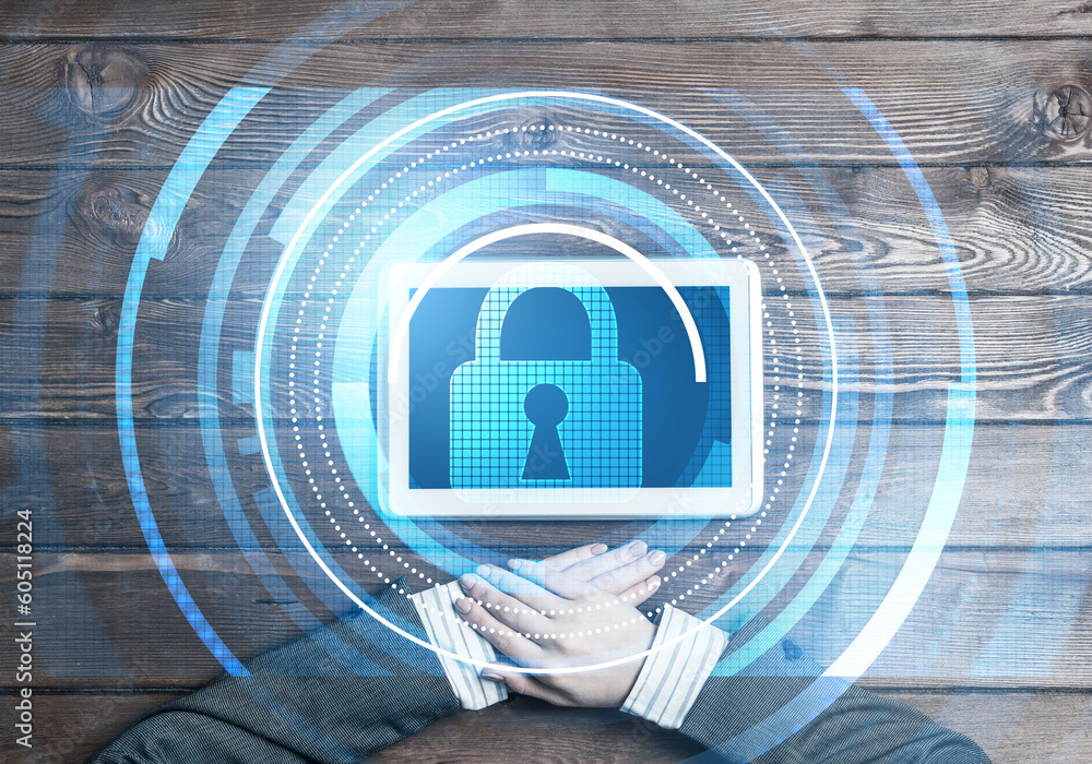 Poster concept of computer access with media lock icon on tablet screen