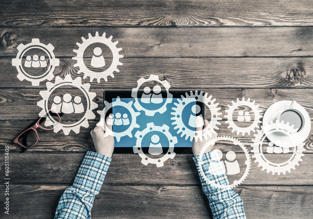 Poster concept of teamworking and connection with gears mechanism and tablet pc