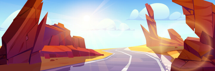 Fototapeta na wymiar Canyon desert road landscape vector background illustration. Arizona highway with sand and rock wild valley scene. Beautiful endless southwest route on sunny day near red boulder perspective view