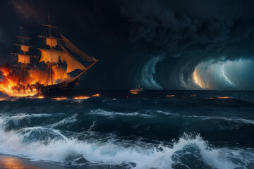 Sailing ship in stormy ocean. Dramatic seascape Generative AI