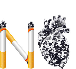 Cigarette with abstract black human heart. Stop smoking, World no tobacco day. Smoking is harmful to human organs. Resulting in organ damage and premature. Illustration.