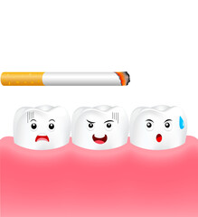 Teeth with cigarette. Smoking effect on human teeth. Dental care concept. Stop smoking, World No Tobacco Day. Illustration.