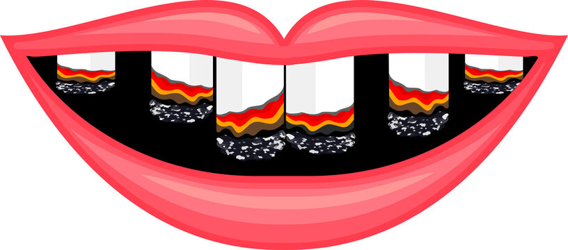 Cigarette in human mouth. Smoking causes damage to the teeth. World no tobacco day. Illustration.