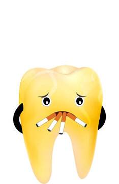 Cartoon character smoking. smoking effect on human teeth. Dental care concept. Stop smoking, World No Tobacco Day. Illustration.