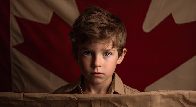 a boy with brown hair and a flag behind him