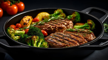 American food concept. Grilled beef steak with grilled vegetables, with carrots, cherry tomatoes, broccoli, in a cast iron pan for food advertising and background Generative AI
