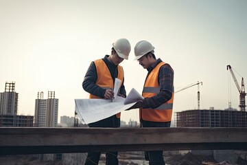 Engineer and Architect working on construciton site with blueprint - obrazy, fototapety, plakaty
