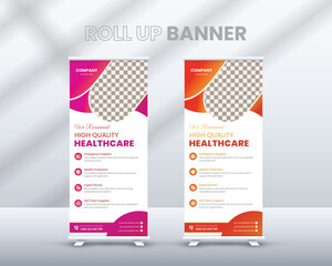 New professional health care and medical roll up design,  printing, presentation and brochure banner ads.  Standee and banner template decoration for exhibition, with two eye catching gradient color.