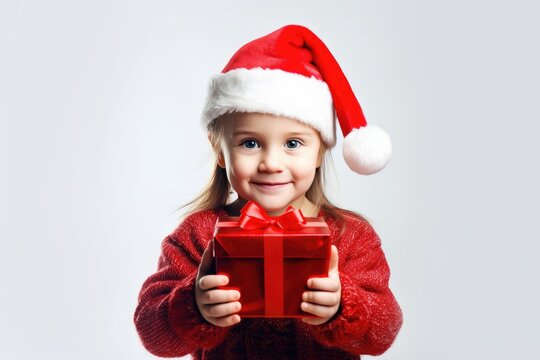 close up Christmas portrait of little cute smiling child girl in cozy red sweater and santa hat on studio background Merry Christmas, happy New Year. Image generated by artificial intelligence