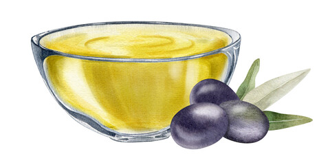 A bowl of olive oil. Olive tree branch, leaves and fruits.lives. A bowl of green olives. Vegetarian organic food. Watercolor hand drawn illustration. Isolated. For menu, packaging design