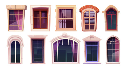 Vector house glass window frame isolated cartoon set on white background. Vintage building exterior illustration element collection. Beautiful architecture with retro and modern profile clipart