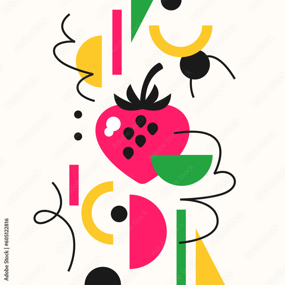 Poster vector graphics in a minimalistic style with geometric elements. illustration of a strawberry in a f