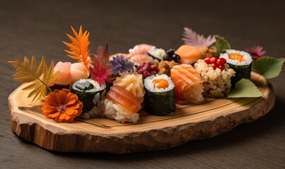 Delicately crafted sushi served on beautiful Japanese dish. Creating using generative AI tools