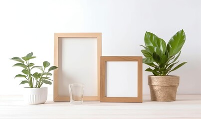 Simple and chic: empty wooden photo frame and plant on white table Creating using generative AI tools