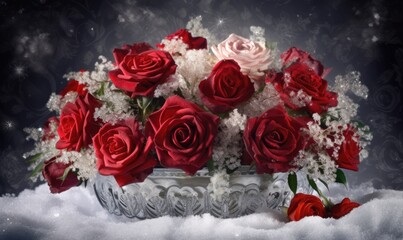 Winter wonderland fantasy: vintage red roses in a classic bouquet Creating using generative AI tools