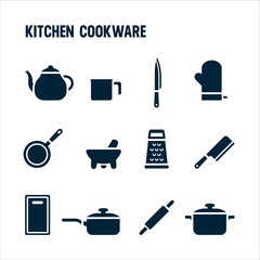 Kitchen Icons, Kitchen Cookware Vector Set. Filled icon design. Pot and Knifes
