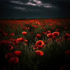 Fototapeta na wymiar Dramatic Poppy flowers field. Anzac day banner. Remember for Anzac, Historic war memory. Anzac background. Poppy field, Remembrance day. , generate ai