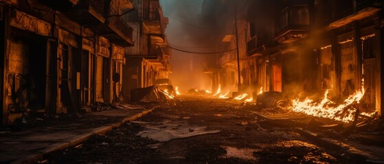A burning street engulfed in fire and smoke. Generative AI