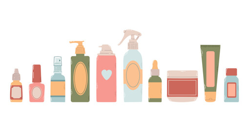 Set of different bottles, flacons, sprays for design cosmetic products in colorful flat vector illustration. Cosmetology, dermatology, podology