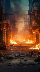 A burning street engulfed in fire and smoke. Generative AI