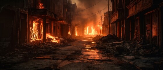 Obraz premium A burning street engulfed in fire and smoke. Generative AI
