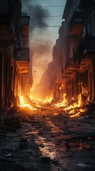 Obraz premium A burning street engulfed in fire and smoke. Generative AI