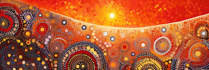 Abstract theme of Australian Indigenous Aboriginal art. Represent style and dot painting techniques. Cultural, traditional art concept.AI abstract image.