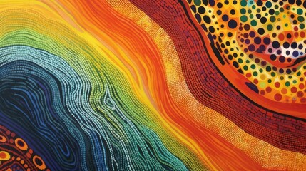 Abstract theme of Australian Indigenous Aboriginal art. Represent style and dot painting techniques. Cultural, traditional art concept.AI abstract image.