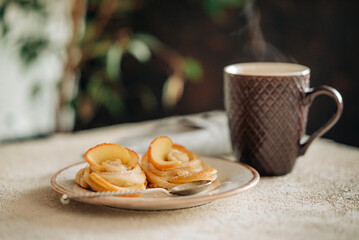 Tasty food sweet bakery pastry puff homemade cooking with cup of tea