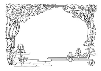 Botanical border with irises and tropical plants. Outline pattern. Vector.