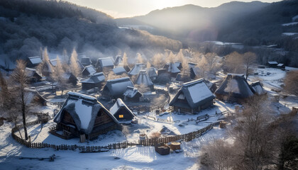 Traditional Huts Embraced by Snowy Peaks and Forests in Shirakawa-go, Gifu