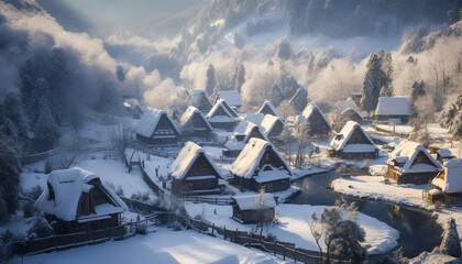 Fototapeta na wymiar Traditional Huts Embraced by Snowy Peaks and Forests in Shirakawa-go, Gifu