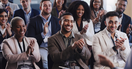 Business people, conference and audience clapping hands at a seminar, workshop or training. Diversity men and women crowd applause at conference or convention for corporate success, bonus or growth - obrazy, fototapety, plakaty