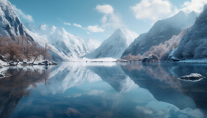 A frozen mirror of tranquility,Where mountains and skies meet,The lake's icy surface reflects, A mesmerizing mountainous vista.