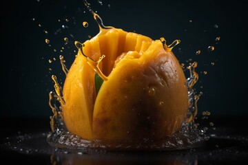 Obraz na płótnie Canvas Juicy mango drenched in mango juice on a clean background. Generative AI