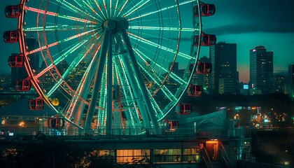 Tokyo Ferris Wheel Transcends Amidst Elegant Cityscapes of Dark Cyan and Light Crimson