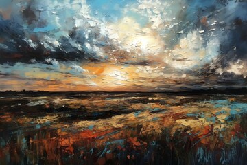 Painting of an expansive, windswept grassland dotted beneath a dramatic sky filled with swirling storm clouds. Created with Generative AI technology.