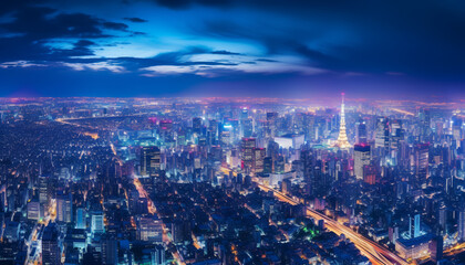 Tokyo's nocturnal charm, a captivating sight, Where lights dance and dreams take flight. In the canvas of the sky, a heavenly hue, A photo that captures Tokyo's vibrant view.