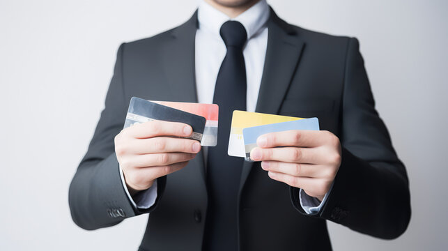 Businessman in a suit holding colored credit cards , In the realm of transactions and financial dreams,
A businessman stands tall