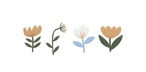 Fototapeta na wymiar Cute Simple Flowers - flat illustration in modern style. Vector illustration with flowers, leaves